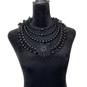 Chico's Womens Statement Collar Necklace Black Beading‎ Floral Net Bib Artsy